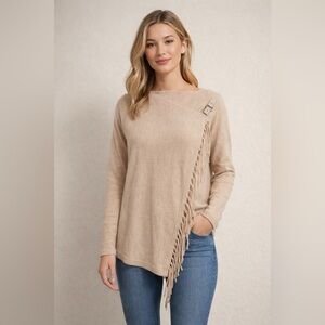Adrienne Vittadini Beige Fringe Asymmetrical Buckle Sweater | Chic Neutral Knit